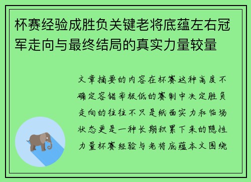杯赛经验成胜负关键老将底蕴左右冠军走向与最终结局的真实力量较量